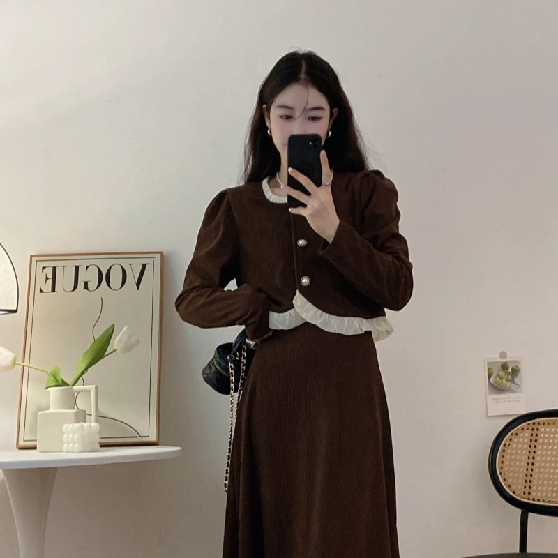 【小梦子家】0410/法式蕾丝拼接外套半身裙套装(衣长43裙长73