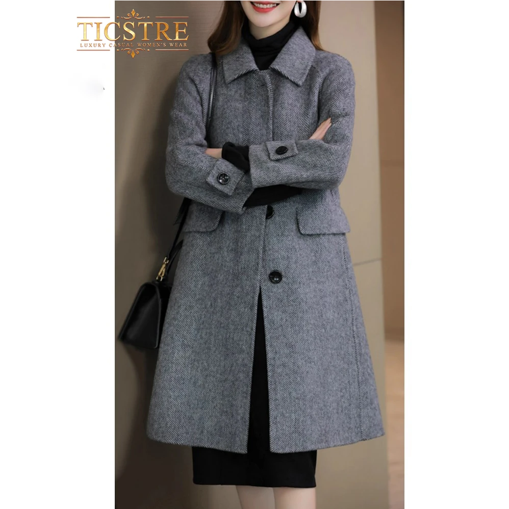 TICSTRE新款秋季双面绒大衣女中长款显瘦高端羊毛呢子外套女