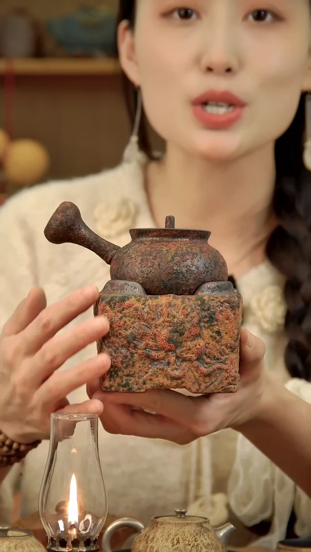 言野手作 岩矿侧把壶+七彩温茶炉