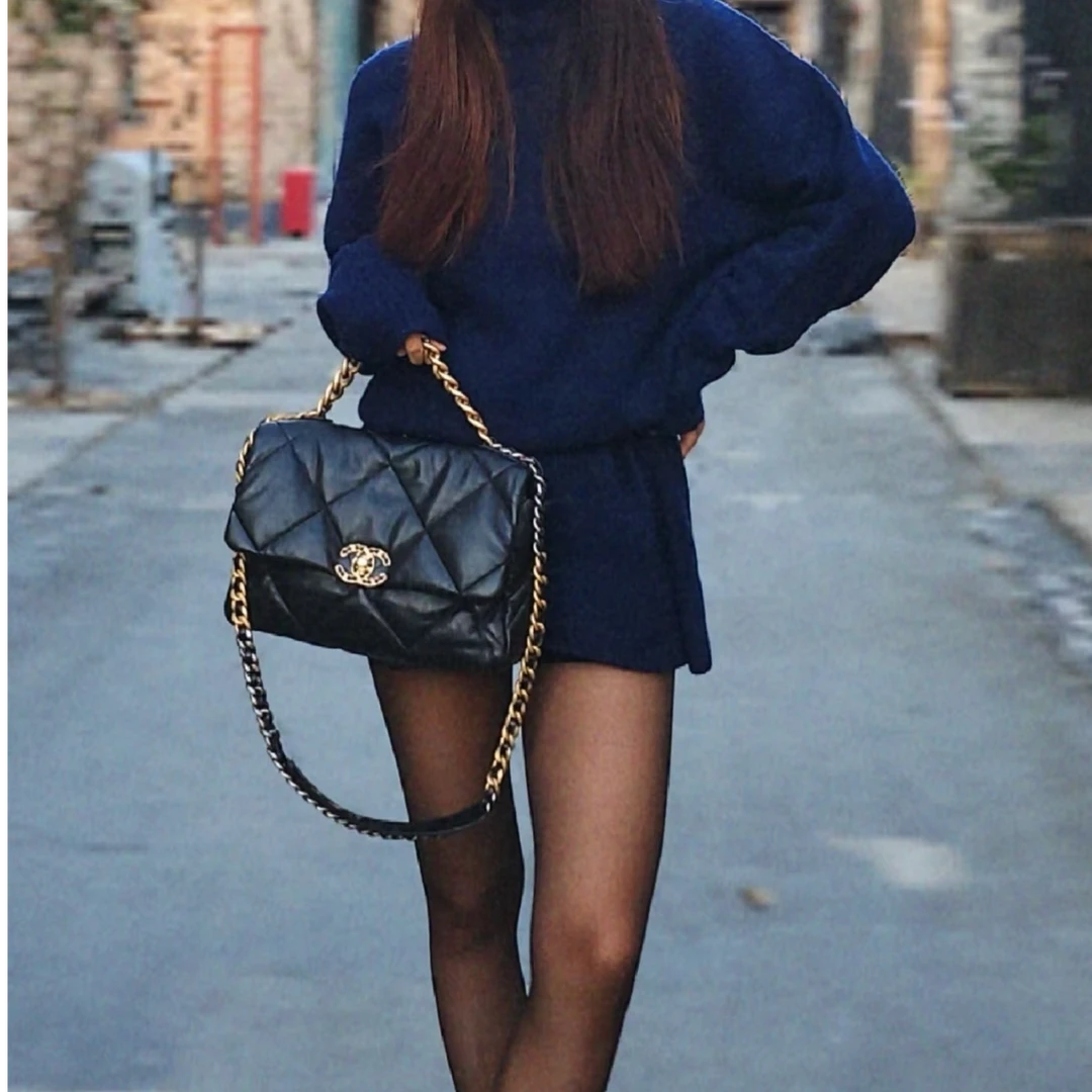 95新 Chanel/香奈儿 黑金羊皮19bag中号手提单肩包