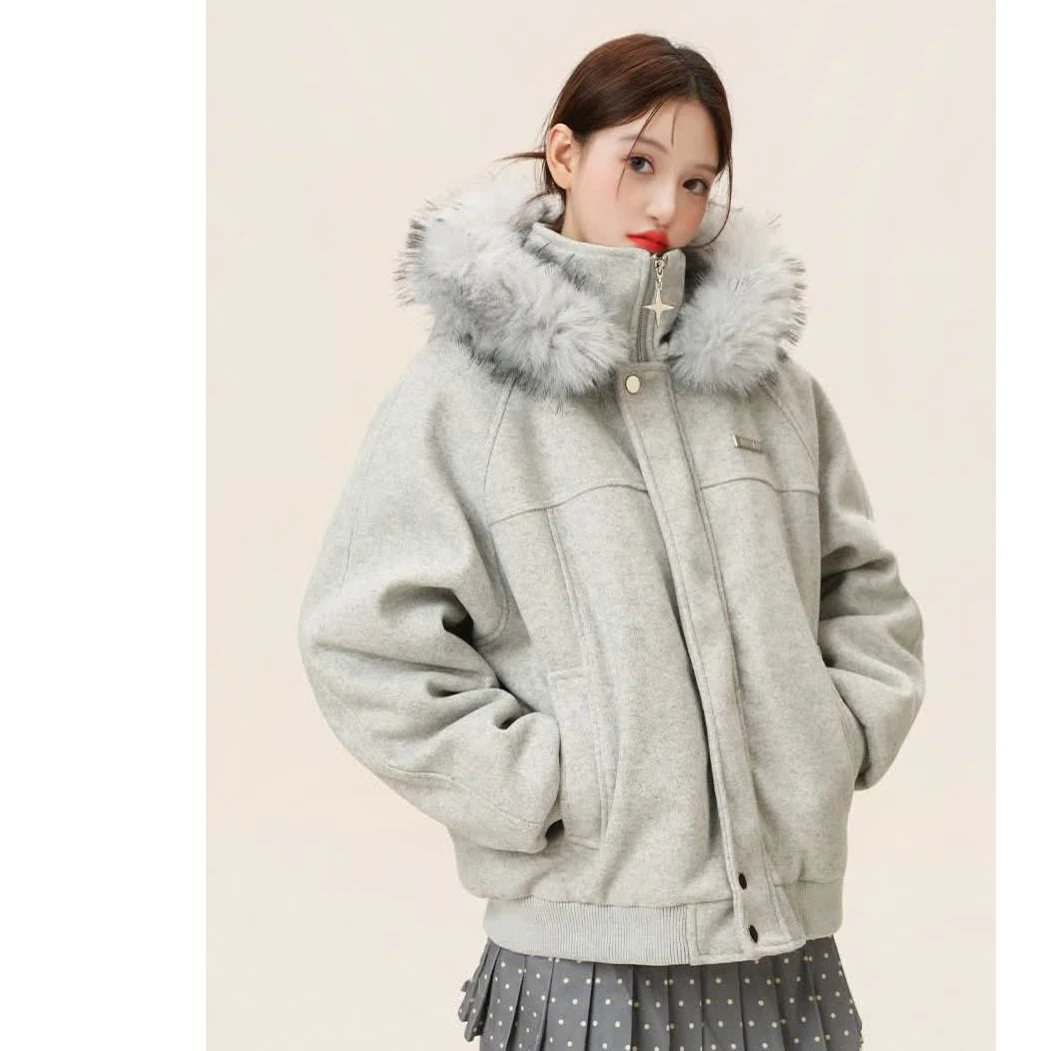 可脱卸毛领座山雕连帽毛呢外套加厚保暖冬季百搭棉衣男女情侣棉服