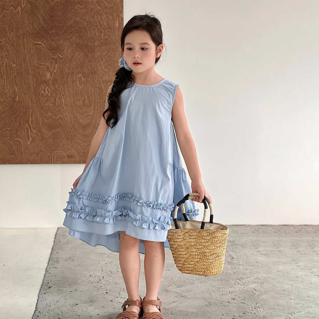 现货【梦萝】女童100棉单层连衣裙3521夏装蓝色清新女宝无袖裙子