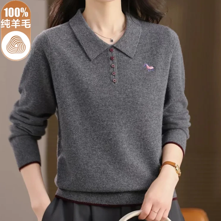 100%纯羊毛衫妈妈秋冬新款翻领毛衣宽松套头针织衫女士刺绣打底衫