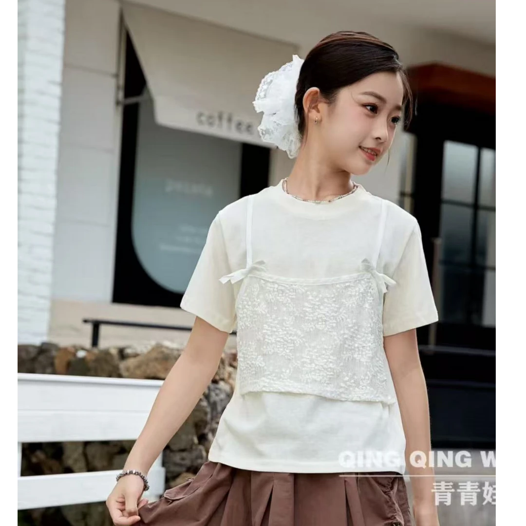 506222 米色 韩版女童舒适时尚洋气百搭潮流简约印花夏季短袖