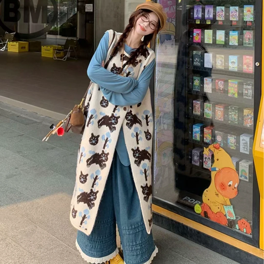 猫咪提花针织马甲背心裙不规则打底衫阔腿裤三件套