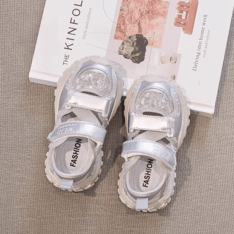 小黄鸭女童凉鞋2025年夏季新款中大童透气亮片运动鞋休闲沙滩鞋