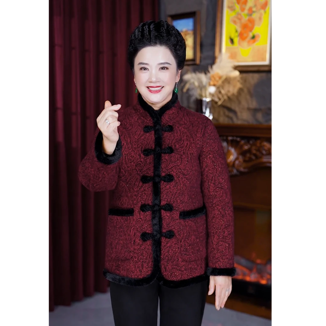 妈妈装秋冬装民族风加绒保暖外套新中老年女装民族风盘扣棉服外套