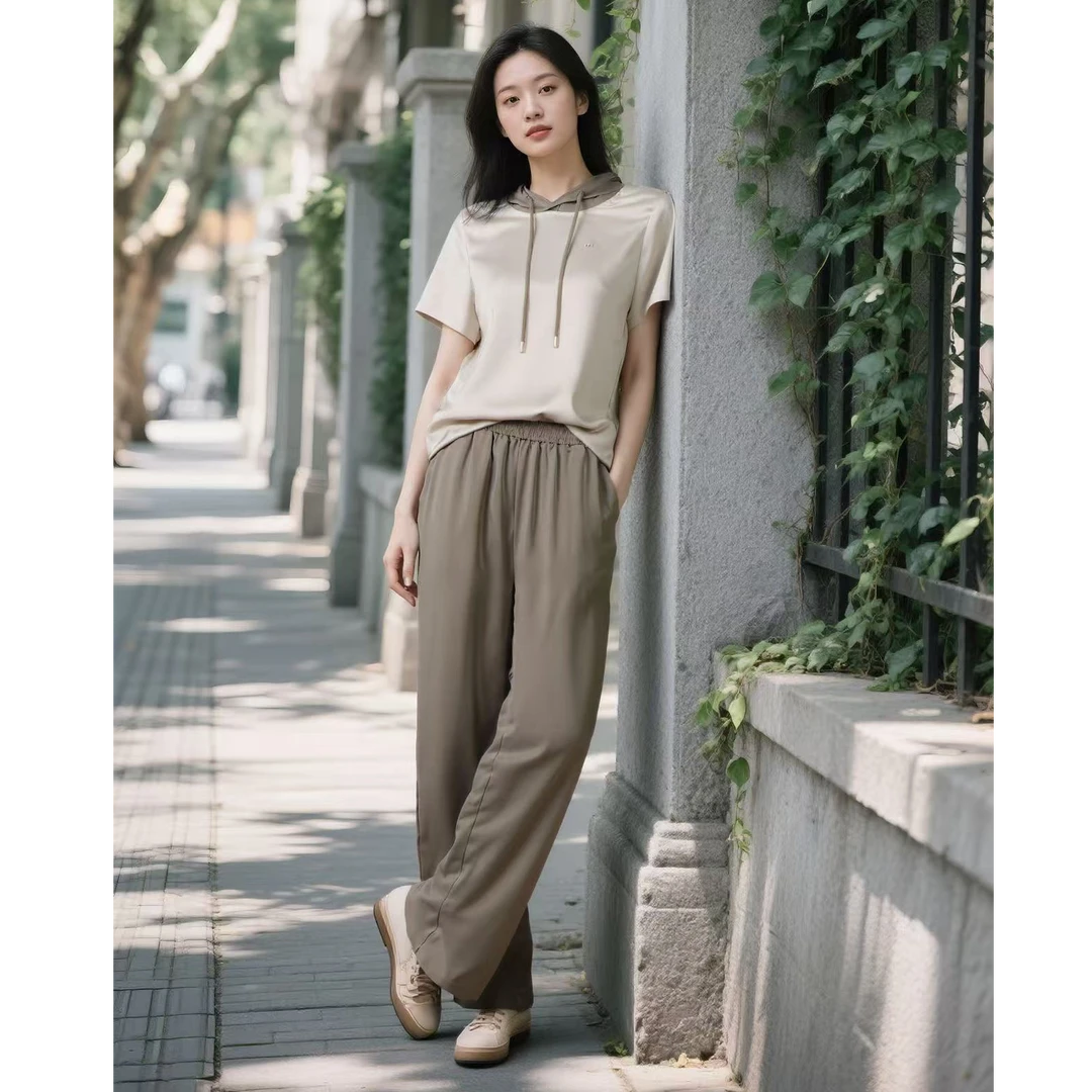 夏季连帽衬衫阔腿裤拼色缎面设计感通勤套装女YM-1109