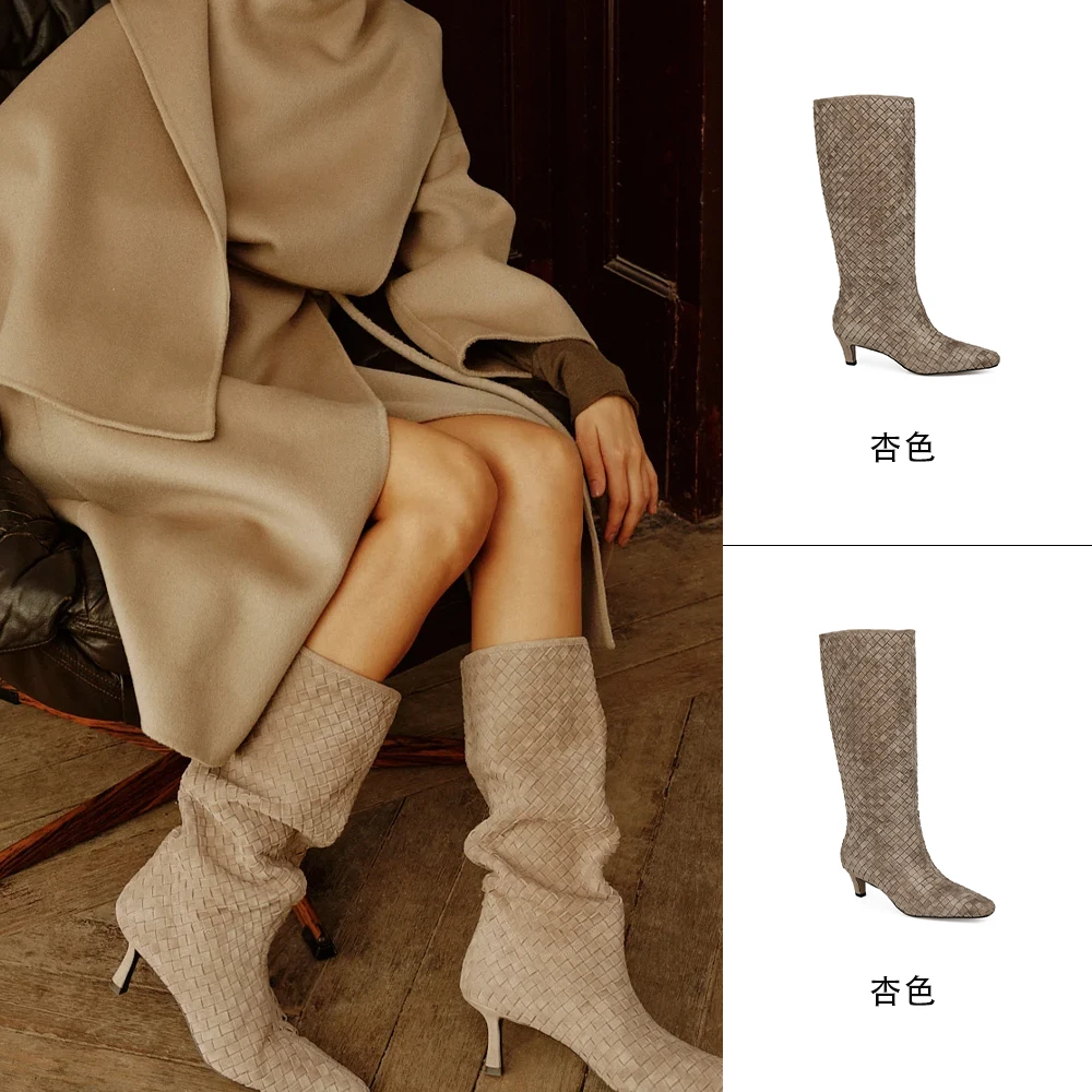 MANIKA GUAN25秋冬爆款编织阔筒时装靴百搭裸色真皮女靴MK203839