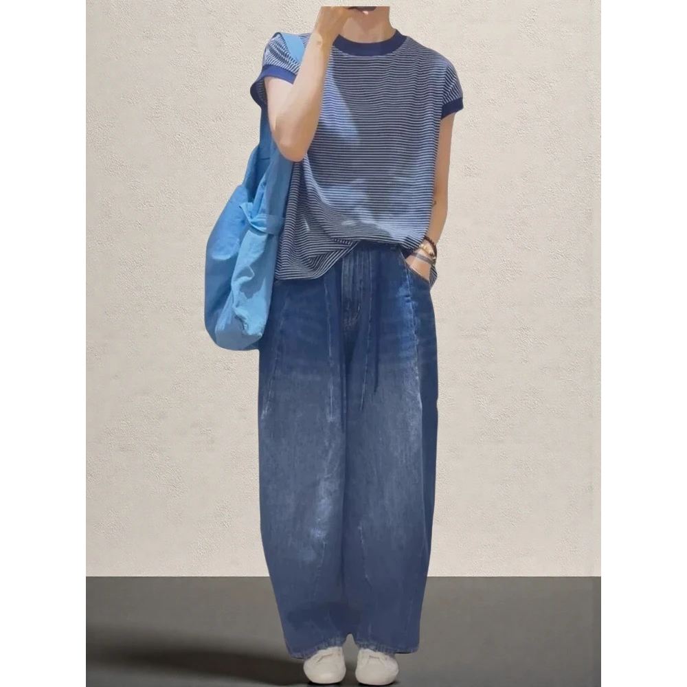 蓝色条纹圆领短袖T恤女2025夏季新款韩版设计感小众拼色百搭上衣