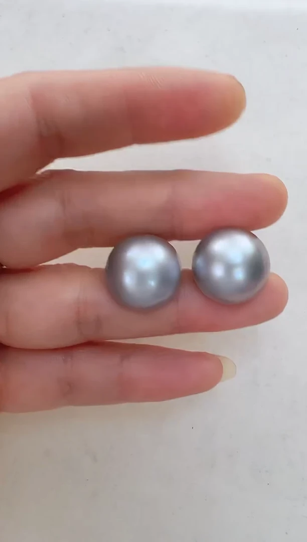 【闪购商品】拼合珍珠（马贝珠）耳饰银S925镶嵌灰色素钉