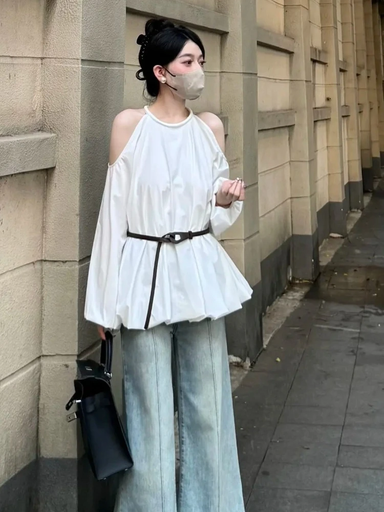 白色露肩衬衫女2025新款秋气质高级感轻奢减龄洋气独特超好看上衣