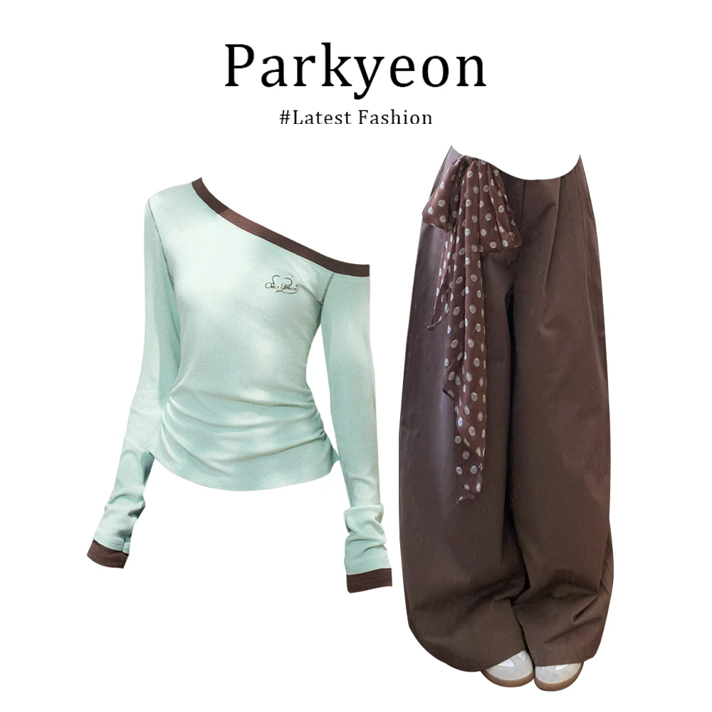parkyeon薄荷绿斜肩长袖T恤上衣女秋季新款高腰显瘦休闲裤套装