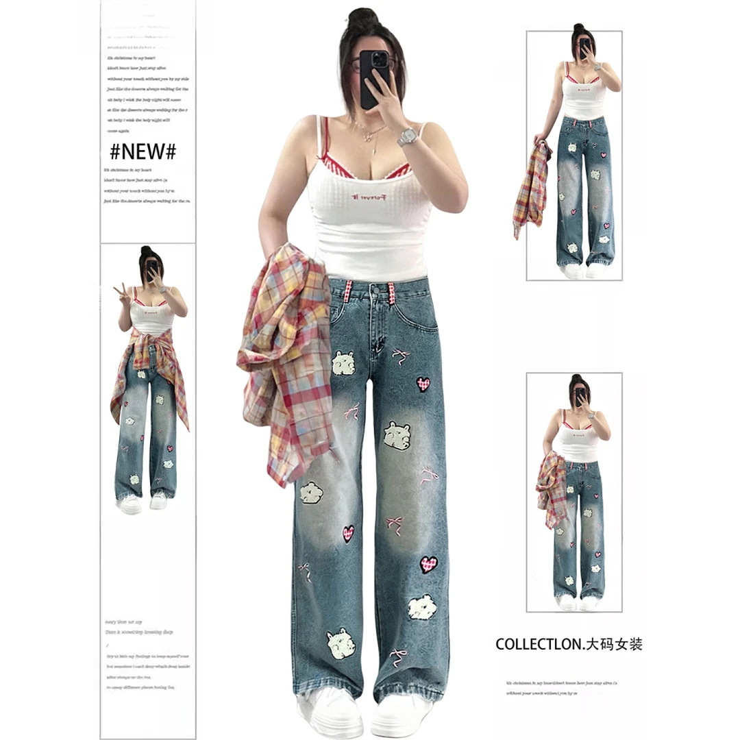 特大码胖mm趣味卡通刺绣牛仔裤女2025新款学生减龄高腰显瘦直筒裤
