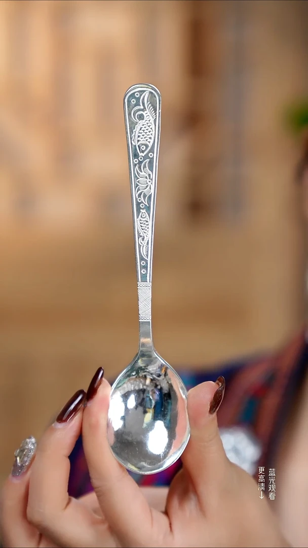 珐琅足银999双鱼莲花银勺子