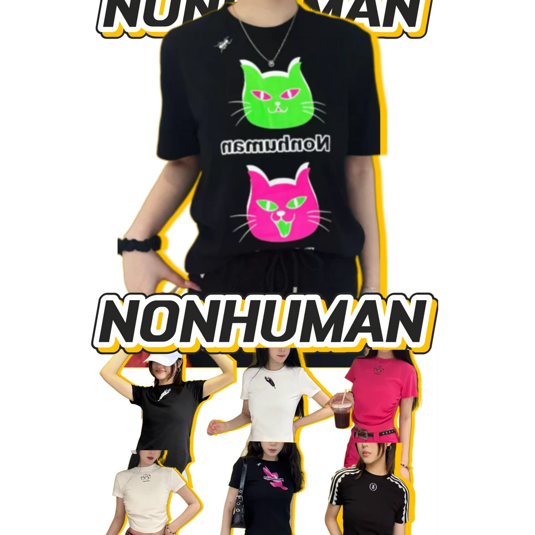 NONHUMAN集合正肩T恤时尚黑色个性印花圆领套头T恤