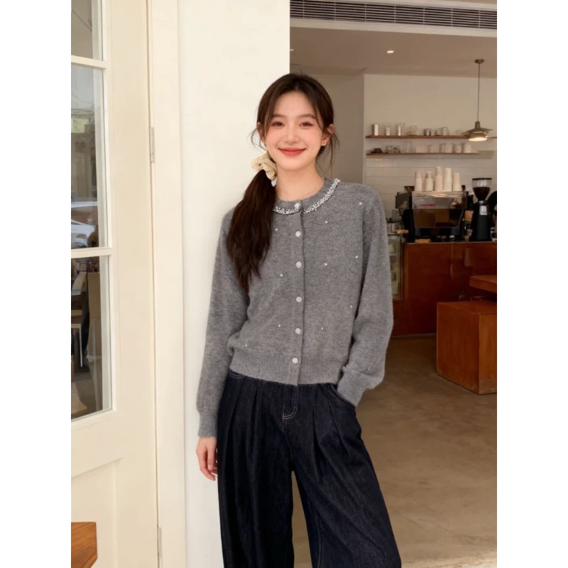 圆领针织开衫镶钻项链领短款单排扣毛衣上衣秋冬新款女装
