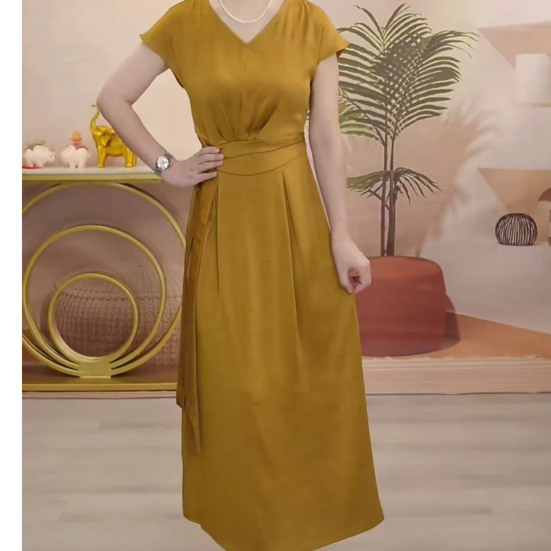 X0787 金色短袖连衣裙套头女装夏季长裙时尚提花