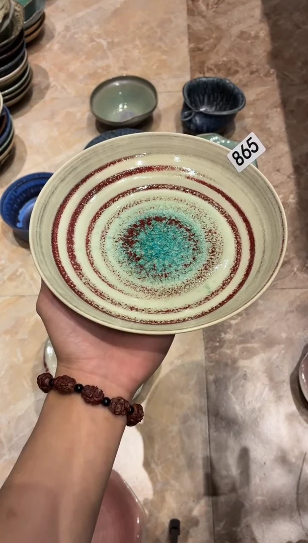 瓷片麦*儿865 玻化绿吸红手工盘1个