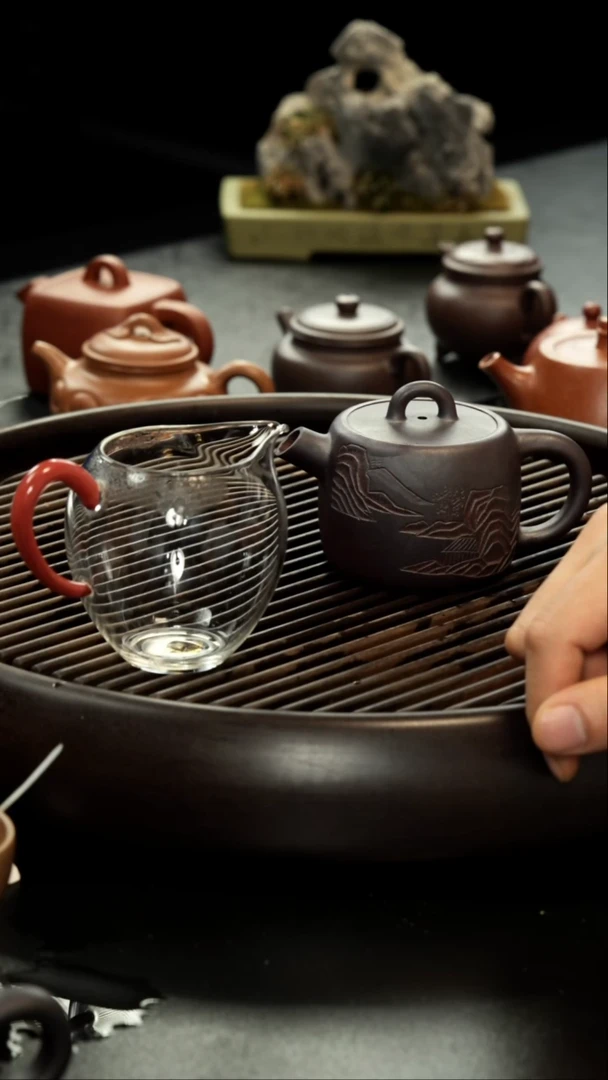 茶壶紫砂鹏柴烧 炮嘴汉瓦壶 刻绘山水
