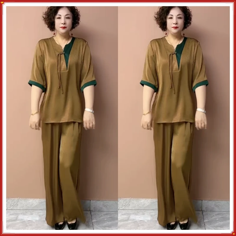 402国风短袖真丝妈妈洋气旗袍衬衫宽松遮肉阔腿裤桑蚕丝两件套装