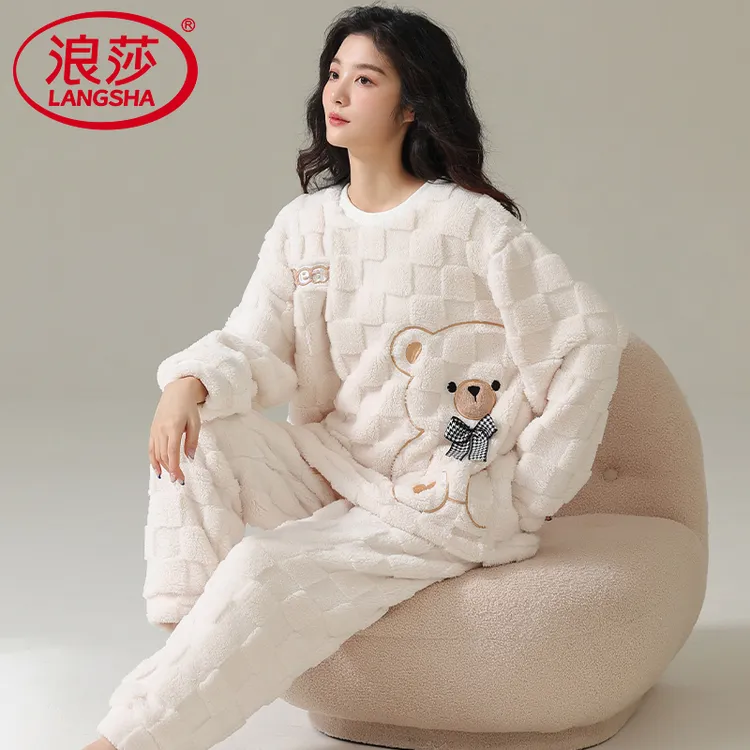 浪莎睡衣女冬季套装珊瑚绒加厚保暖宽松套头卡通可爱可外穿家居服