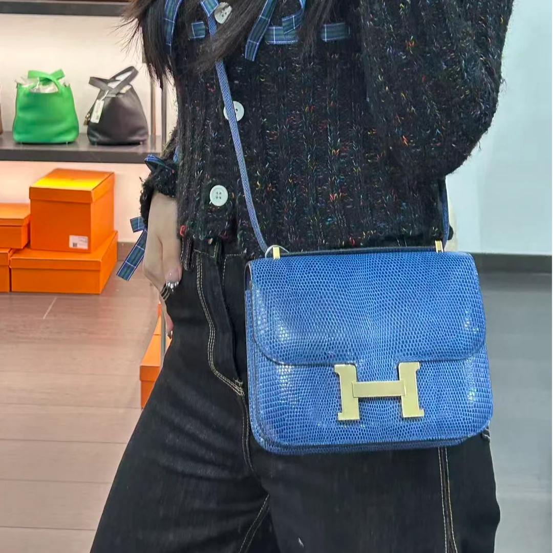 99新 Hermes/爱马仕 【小池专属】康康19宝石蓝金一道杠蜥蜴皮Z刻