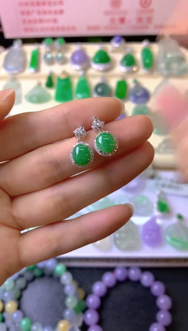 银S925镶嵌翡翠耳饰倔***坑耳饰