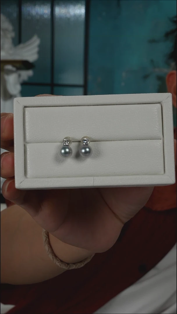 银S925镶嵌耳钉海水珍珠AK真多麻戴妃7.5-8mm