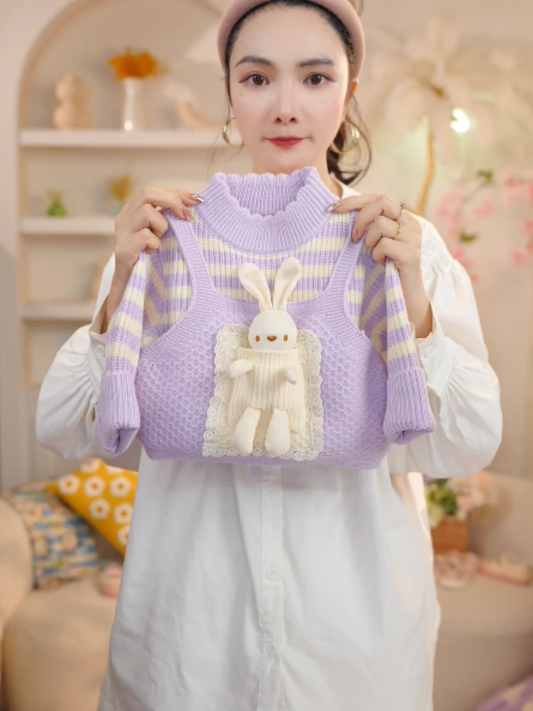 【076】2024年新款秋冬加厚可爱假两件立体小兔毛衣加绒打底裤套装