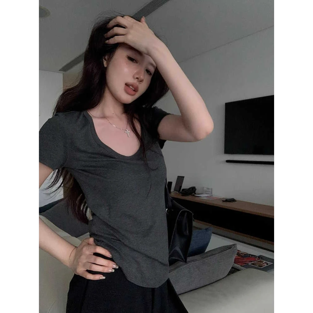 夏日垂垂正肩U领多色基础舒服好穿tee短袖T恤2025夏季新款休闲
