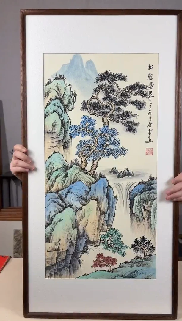 国画手绘*松鹤鸣泉*47*92cm带框发货