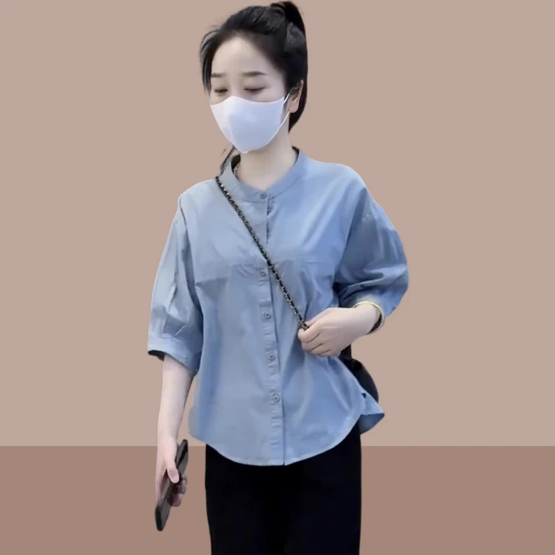 2025夏季新款女士时尚休闲短袖衬衫爆款洋气减龄宽松显瘦圆领衬衣