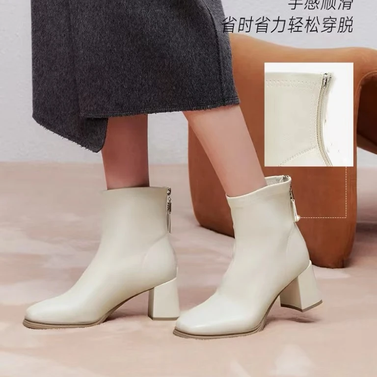 秋冬新款韩版通勤瘦瘦简约粗跟裸靴短靴63D5516(加绒)