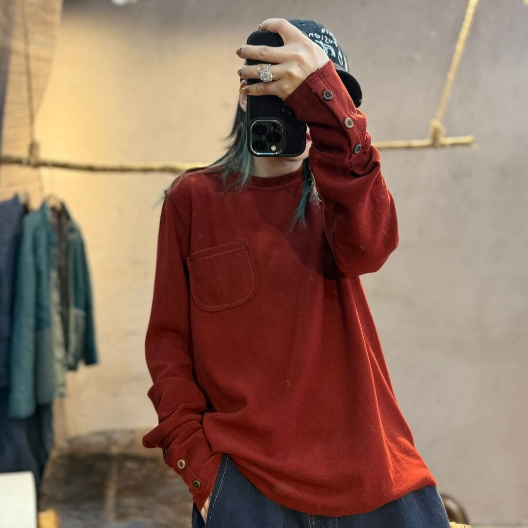 241239忆古朴拙秋冬百搭圆领两穿打底t设计款袖口多扣休闲卫衣