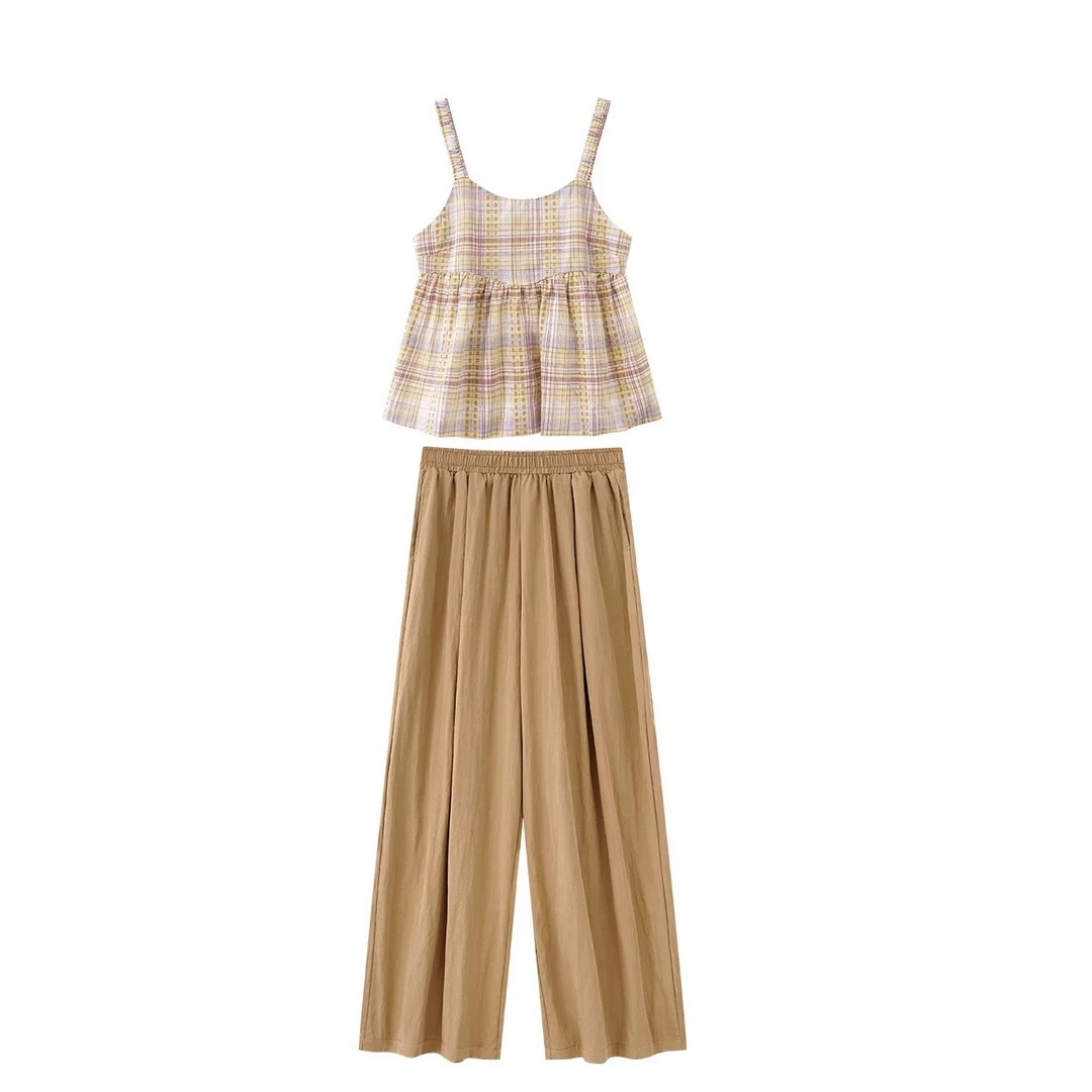 （清货）休闲套装女夏格子吊带背心阔腿裤两件套9105