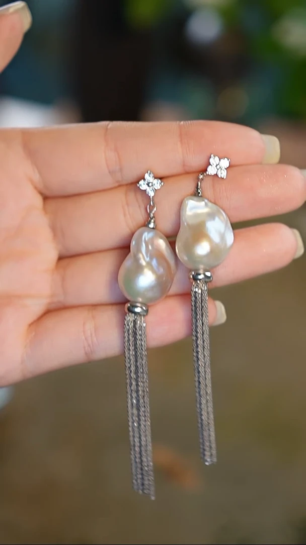 银S925镶嵌耳坠淡水珍珠，天然巴洛克 耳饰，