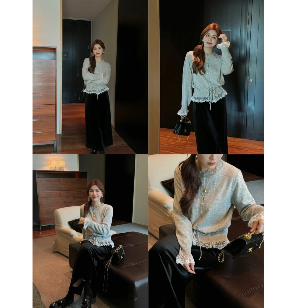 YPP！【南阳千金】法式气质高级感拼接蕾丝花边收腰设计感毛衣