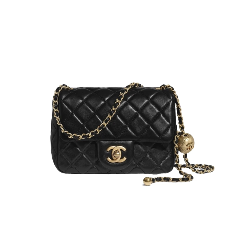 99新 Chanel/香奈儿 小金球黑色大mini/方胖子链条包 原盒