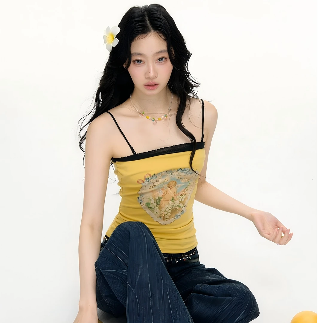 NECY Cupid假两件油画t恤 可调节吊带背心无胶感白墨印花短袖女夏