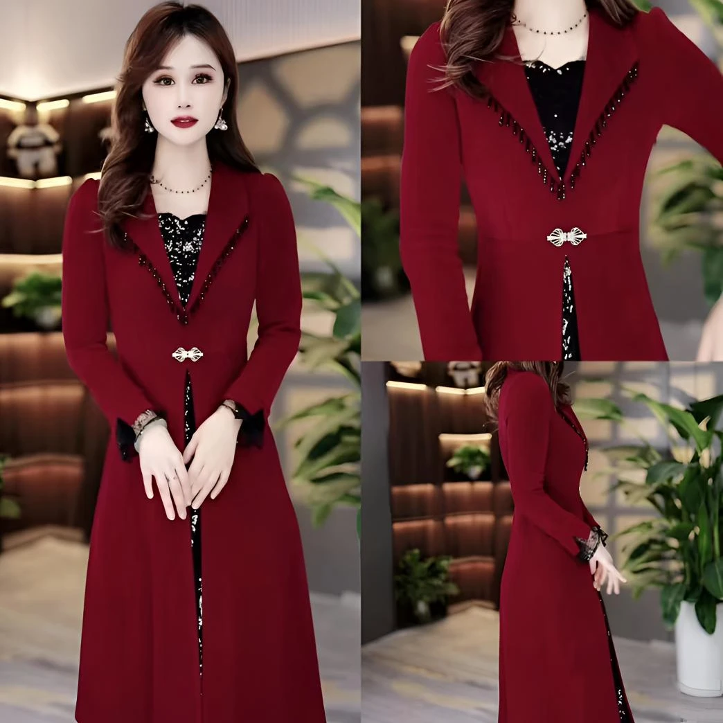 V领长袖假两件连衣裙2025秋冬新款气质妈妈喜婆婆亮片拼接中长裙