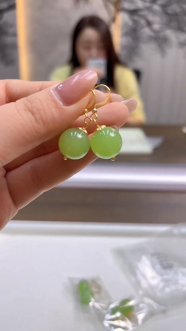 14K金镶嵌和田玉耳饰DIY款E113