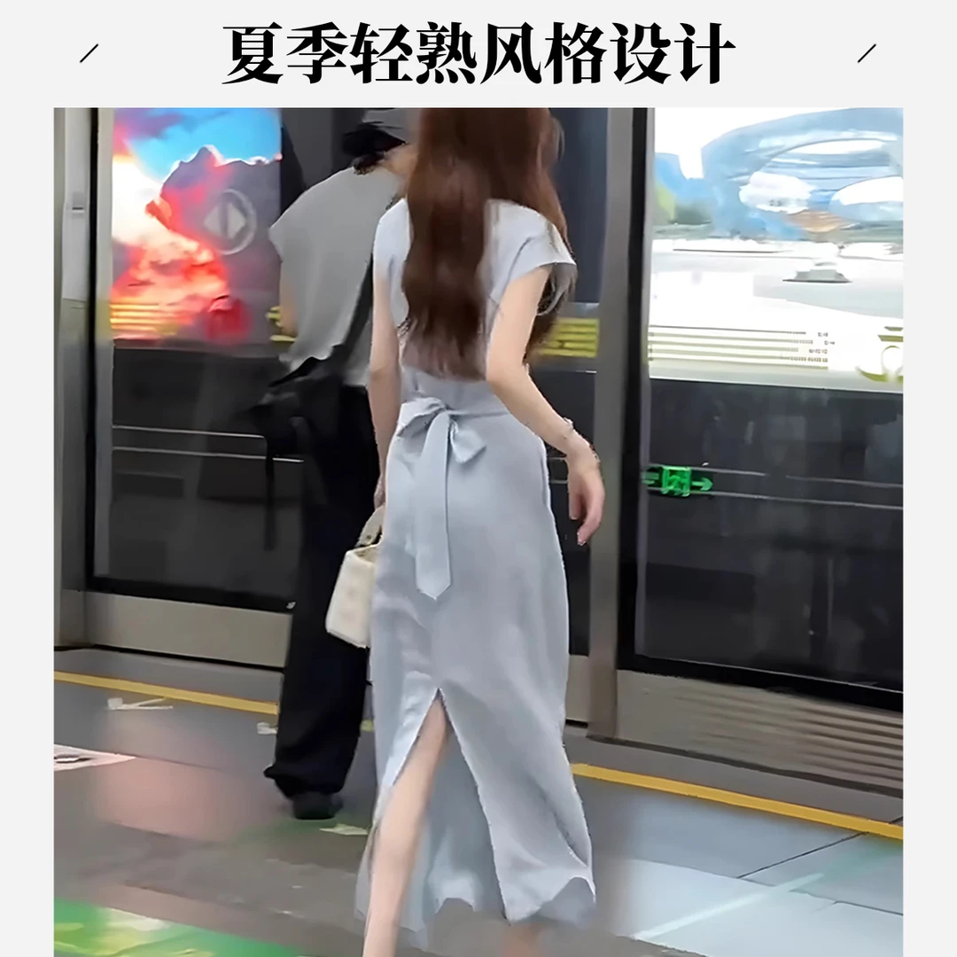 夏季新款法式轻熟风漂亮收腰时尚气质超好看蓝色掐腰开叉连衣裙女