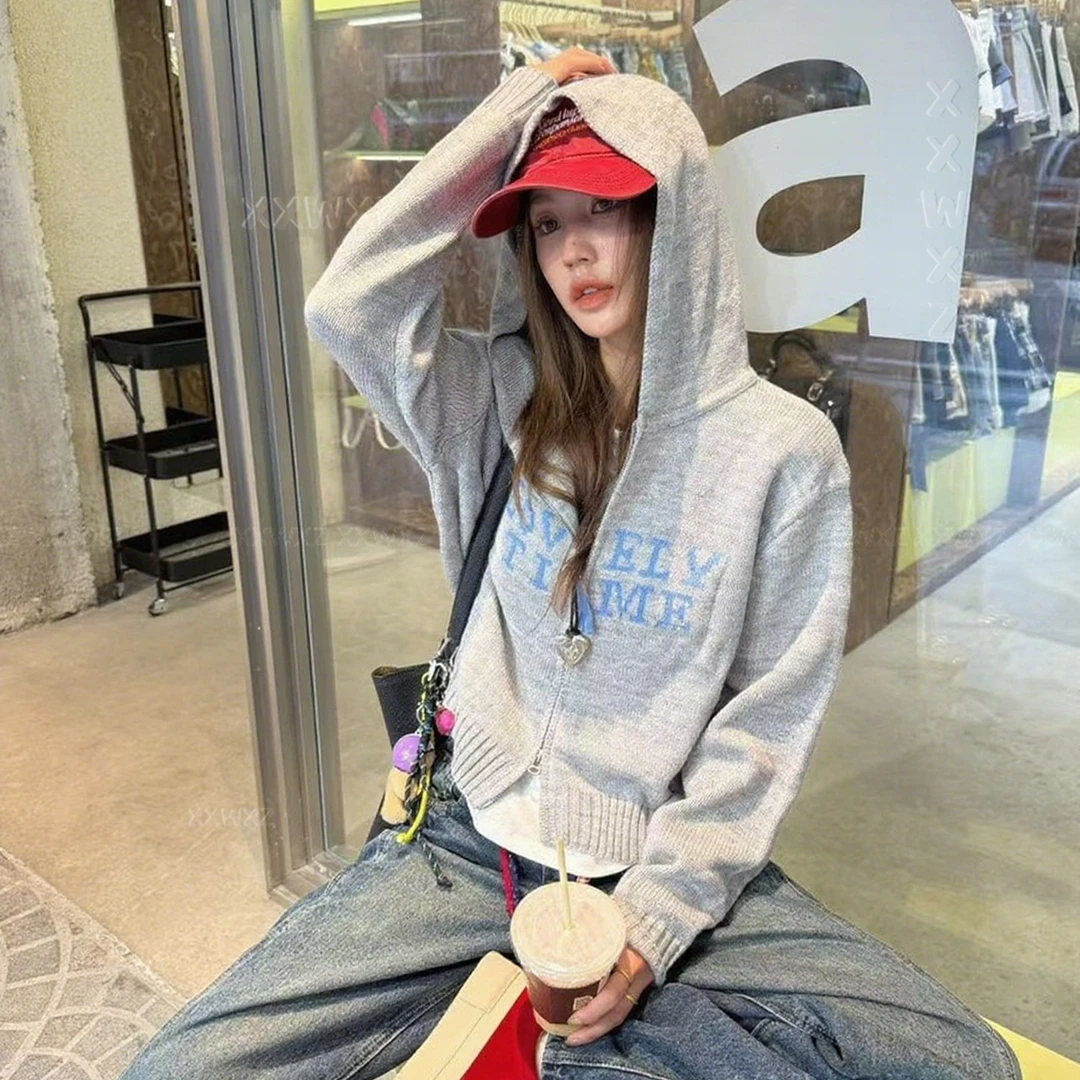 小众设计字母连帽卫衣毛衣外套女早秋宽松百搭拉链针织开衫上衣