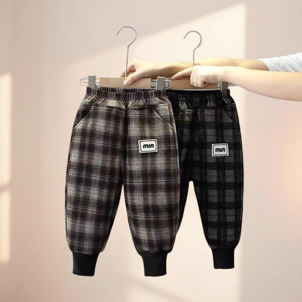 男宝加绒裤儿童裤子冬季加绒格子新款长裤男童洋气一体韩版休闲裤
