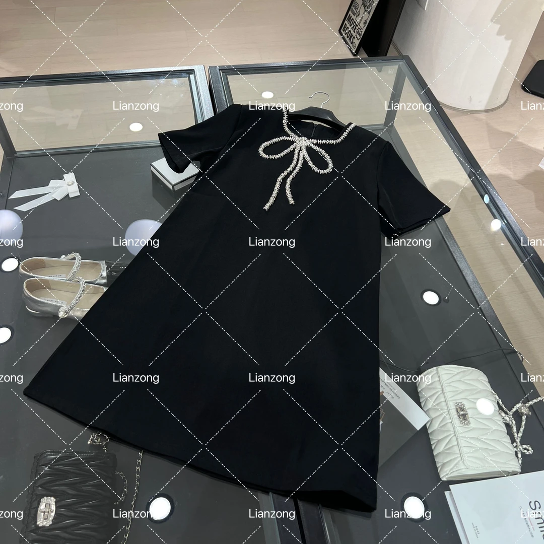 夏季蝴蝶结短袖短裙吊带连衣裙针织时尚春夏百搭黑白休闲气质