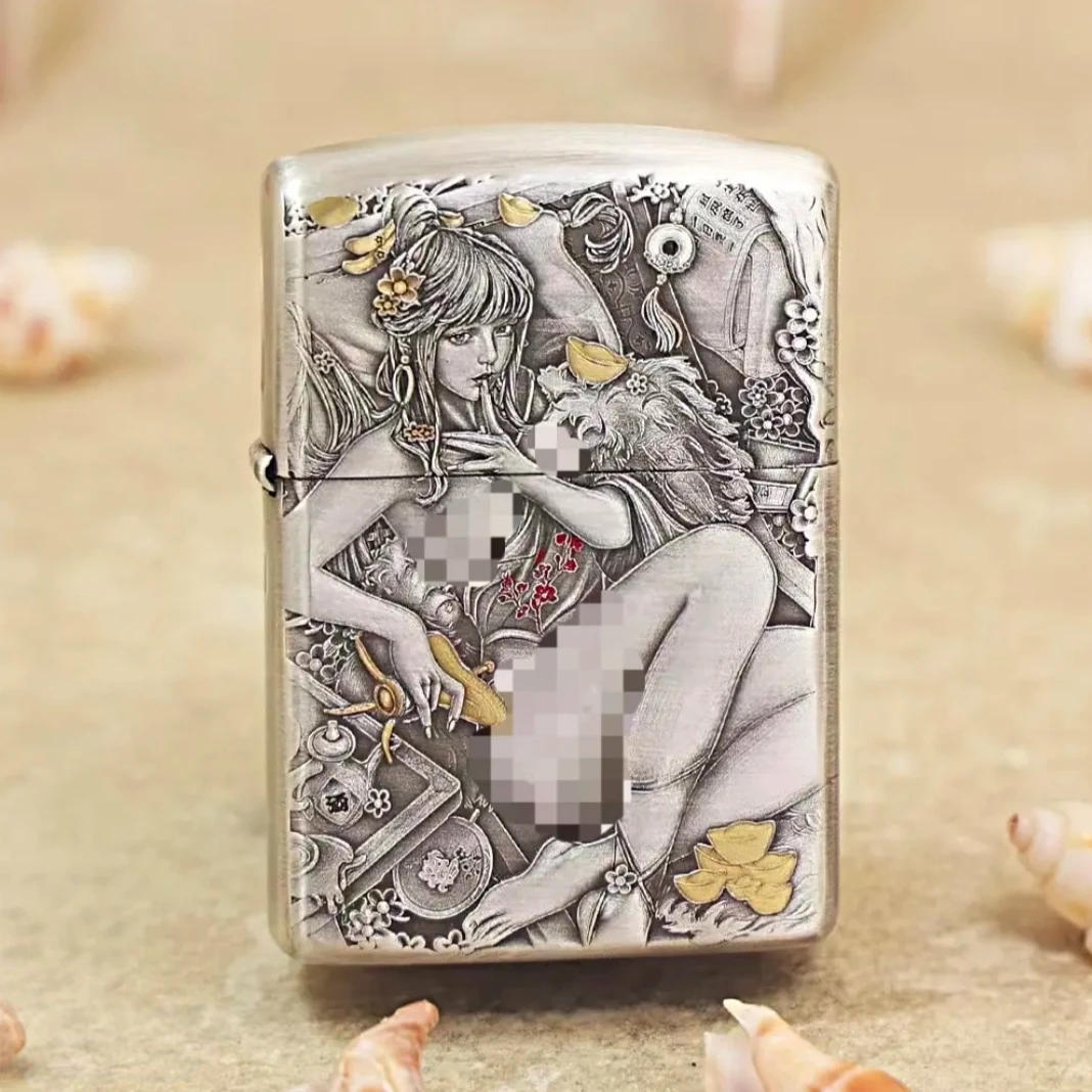 ZIPPO/之宝【金瓶双燕】熏银盔甲 美女浮雕防风打火机DYX1H1
