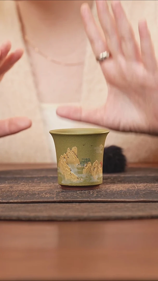 紫砂茶叶罐豆青泥泥绘山水主人杯