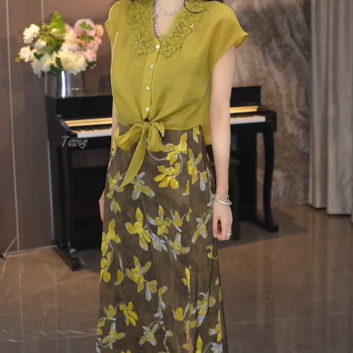 琥珀花园法式拼色百搭显瘦女装连衣裙罩衫两件套