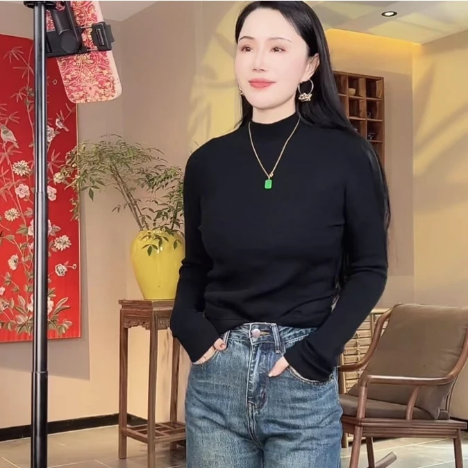 简约  芳华设计新中式复古针织打底衫百搭长袖打底衫